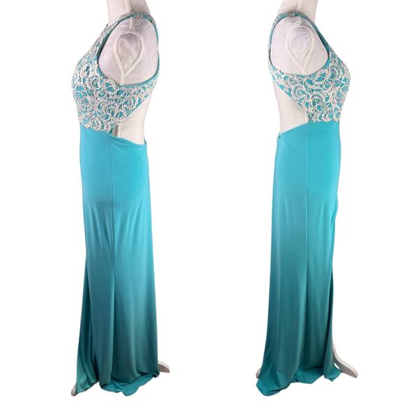 La Femme Embroidered-Bodice Prom Evening Gown Turquoise 6 Beaded - Picture 3 of 15